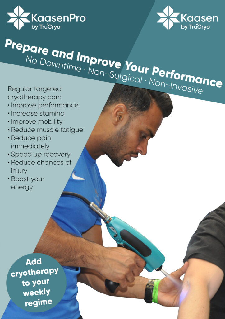 A flyer for KaasenPro by TruCryo promoting targeted cryotherapy to 'Prepare and Improve Your Performance,' showing a man receiving treatment on his arm from a handheld cryotherapy device.