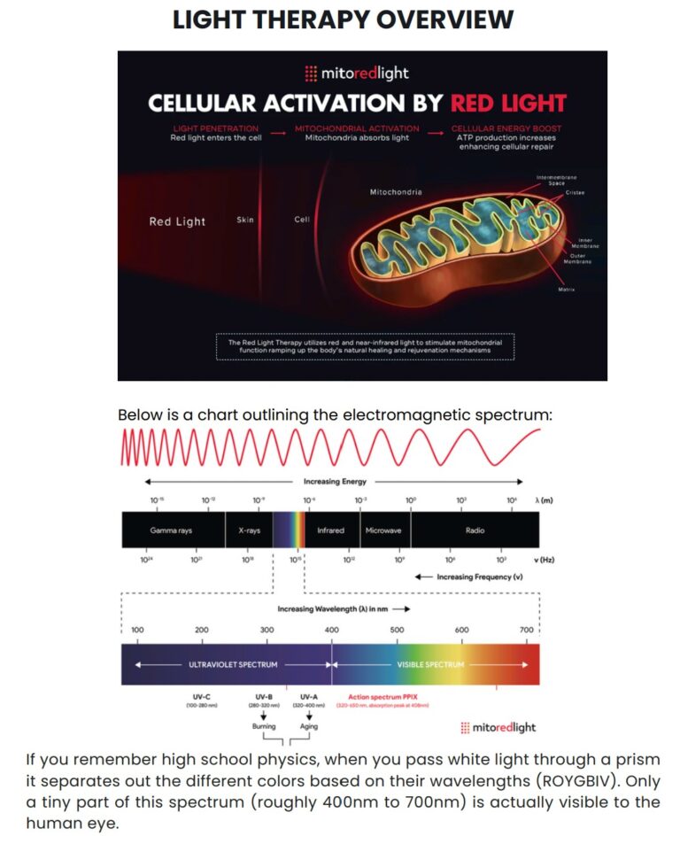 A 'Light Therapy Overview' document explaining the benefits of Red Light and Near-Infrared Light, showing how light penetrates skin to stimulate cellular energy production in mitochondria.